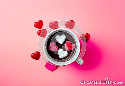 Mug with sugar and chocolate hearts on pink background. Flat lay composition. Romantic, St Valentines Day concept Stock Photo