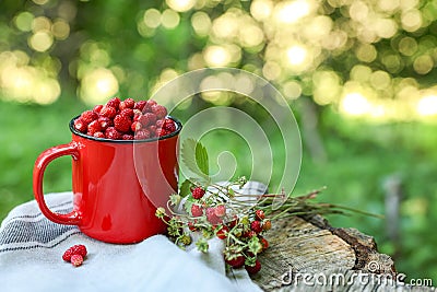 Mug and tasty wild strawberries on stump against blurred background. Space for text Stock Photo