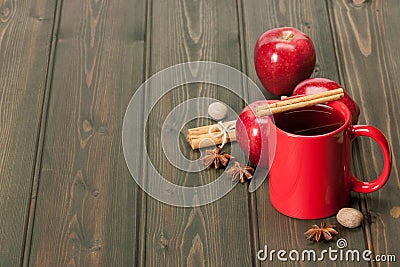 Mug Of Tea Or Coffee. Apples, Spices. Wooden Stock Photo