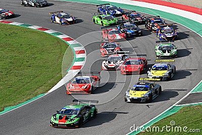 Mugello Circuit, Italy - October 9, 2021: Start Race #1 Final Round of C.I. GT Sprint. Italy Editorial Stock Photo