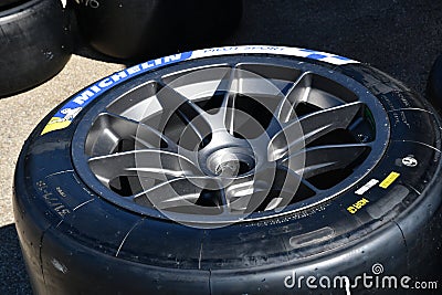 Mugello Circuit, Italy - 23 September 2022: Detail of racing alloy wheels con pneumatici Michelin. Italy Editorial Stock Photo