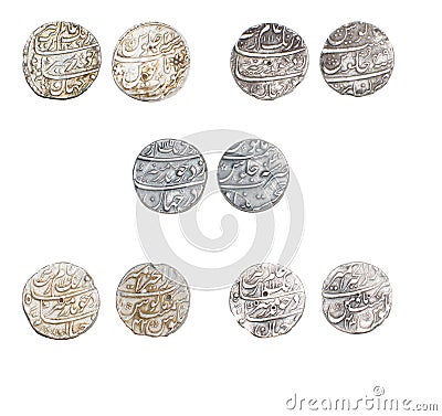 Mughal Emperor Aurangzeb Alamgir Silver Rupee Coins Stock Photo