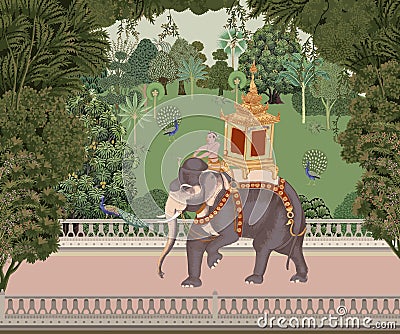 Traditional Mughal Garden, forest, elephant ride, mahout in Thailand vector illustration for wallpaper. Vector Illustration