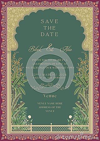 Indian Mughal Wedding Invitation Card Design. Vector Illustration