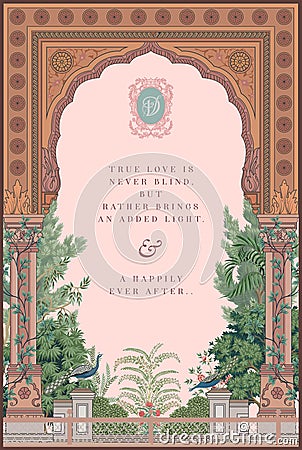 Traditional Indian Mughal arch style wedding invitation card design. Vector Illustration