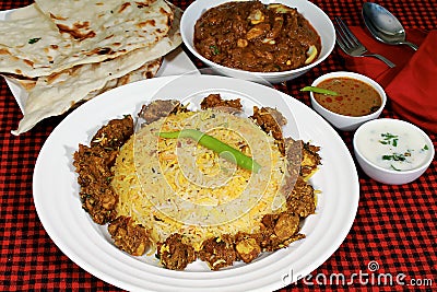Special Moghlai chicken biryani, Mughlai chicken, butter naan Stock Photo