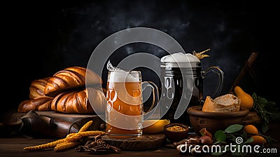 Mugs of fresh beer and traditional food on dark background, closeup, generative ai Stock Photo