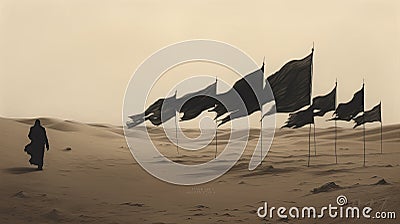 Muharram al haram black flags flying in the desert. AI Generated Stock Photo