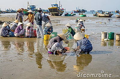 MUINE, VIETNAM - SEP 19, 2012: Many Undefined Vietnamese merchant at muine fisherman village on September 19, 2012. Extraction Editorial Stock Photo