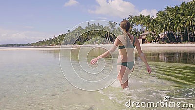 Mujer Joven En Traje De Baño Que Camina En La Agua De Transparente En La Playa Tropical Mujer Feliz Que Goza Del Agua Clara E Almacen De Video - Vídeo de