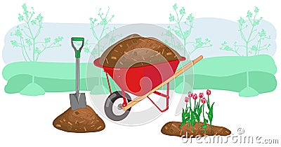 Mulch gardening concept vector illustration. Agriculture countryside outdoor seasonal work equipment. Vector Illustration