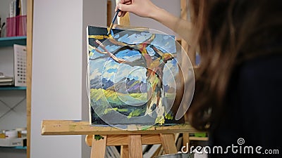 A mulher de Brunette está desenhando o céu numa foto abstrata na aula de terapia artística, fechando vídeos de arquivo A mulher de Brunette está desenhando o céu numa foto abstrata na aula de terapia artística, fechando vídeos de arquivo