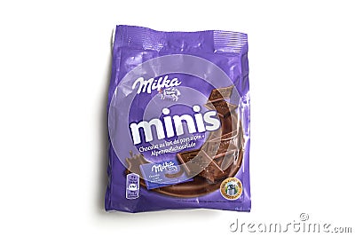 Mini chocolate bar by milka compagny in purple packaging on white background Editorial Stock Photo