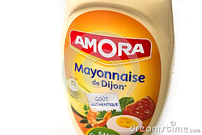 Traditional mayonaise from Dijon sauce by Amora compagny in a plastic container on white background Editorial Stock Photo