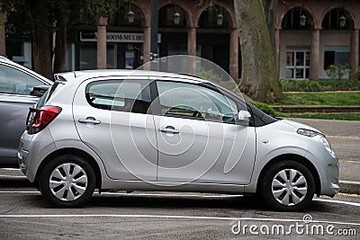 Profile view of new grey Citroen C1 parked in the street Editorial Stock Photo