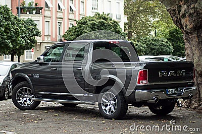 View of silver RAM 1500 pickup parked in the street Editorial Stock Photo