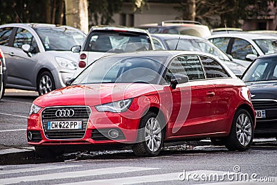 Front view of red Audi A1 parked in the street, Audi is the famous german brand of cars Editorial Stock Photo