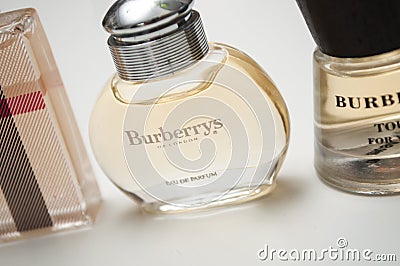 Burberry perfume in a miniature bottles on white background Editorial Stock Photo