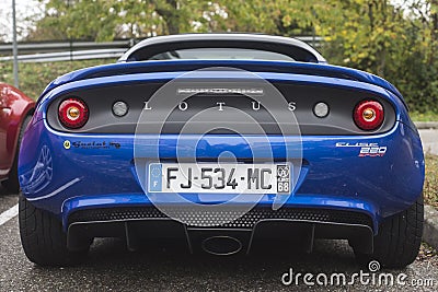 Rear view of Blue lotus Elise parked in the street Editorial Stock Photo