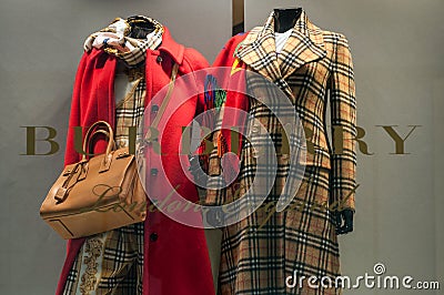 Burberry stre showroom with winter clothes on mannequin Editorial Stock Photo