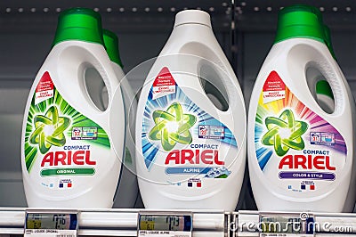 Closeup of detergent bottle from Ariel brand at Super U supermarket Editorial Stock Photo