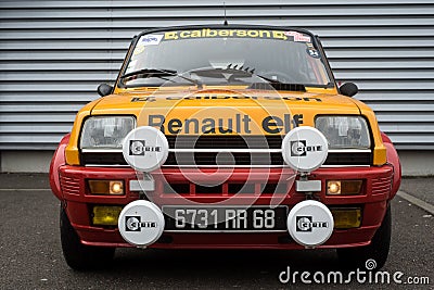 Front view of ancient Renault 5 alpine rally car parked in the street Editorial Stock Photo