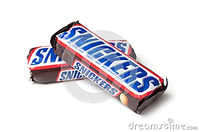 Two Snikers chocolate bar on white background Editorial Stock Photo
