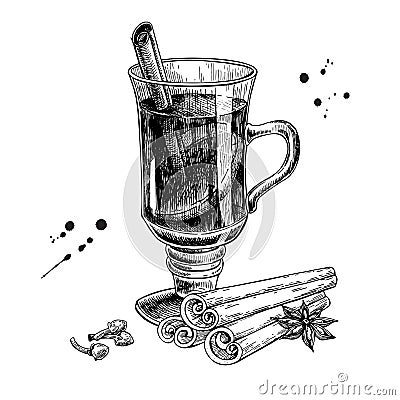 Mulled wine with cinnamon stick, star anise and clove sketch. Ha Vector Illustration