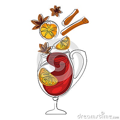 Mulled wine with glass and flying ingredients vector hand drawn illustration .Cinnamon stick, anise stars,orange slice. Vector Illustration