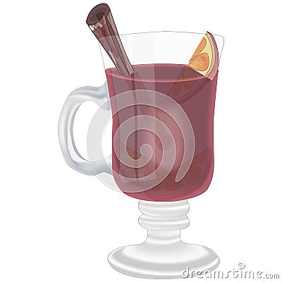 Mulled wine. A glass of hot red wine with orange and stick cinnamon slices. Gluhwein. Vector illustration. Vector Illustration