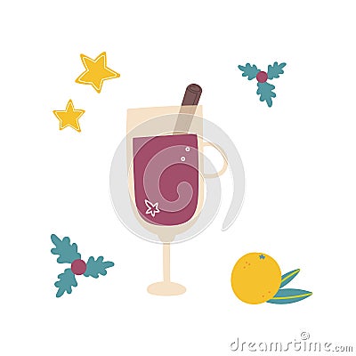 Mulled wine with glass and ingredients Vector Illustration