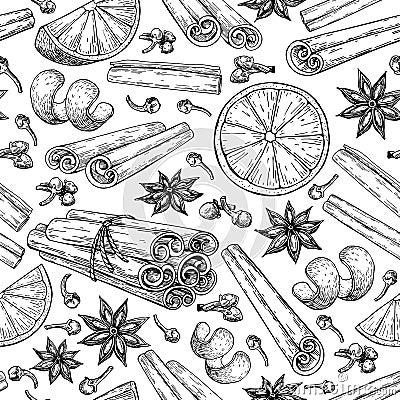 Mulled wine ingradients seamless pattern. Cinnamon stick tied bunch, anise star, orange, cloves. Vector Illustration