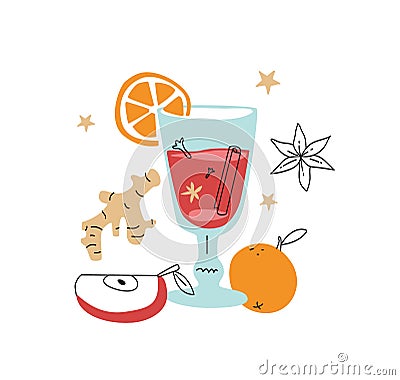 Mulled wine with ingredients. Flat design poster for winter menu. Vector Illustration