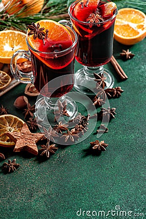 Mulled wine ingredients Hot red punch fruits spices Stock Photo