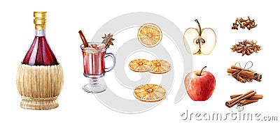 Mulled wine ingredients set. Watercolor illustration. Hand drawn winter warm spicy punch elements. Red wine, grog Cartoon Illustration