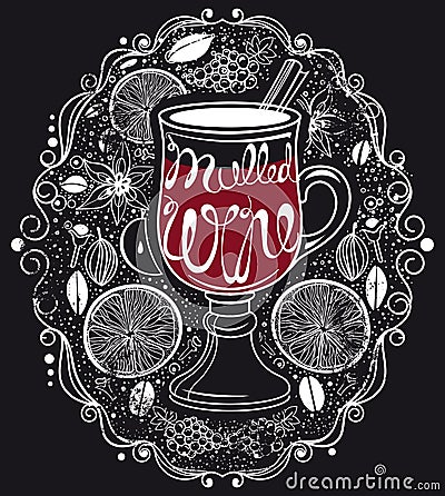 Mulled wine with orange, cinnamon and vanilla Vector Illustration