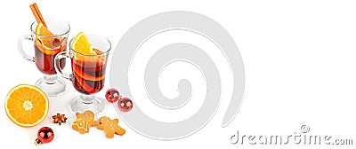 Mulled wine, orange, spices and gingerbread cookies isolated on a white background. Free space for text. Wide photo Stock Photo
