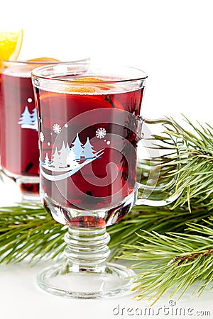 Mulled wine (Punch) with orange slices Stock Photo
