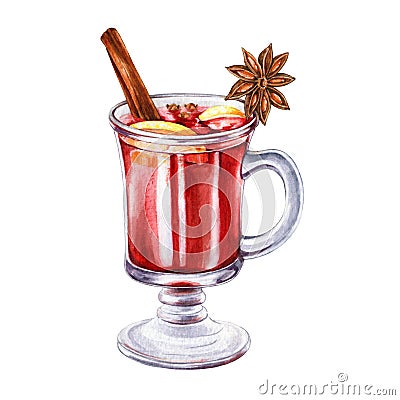 Mulled wine watercolor illustration. Hand drawn winter warm spicy warm punch. Delicious grog on white background. Mulled Cartoon Illustration