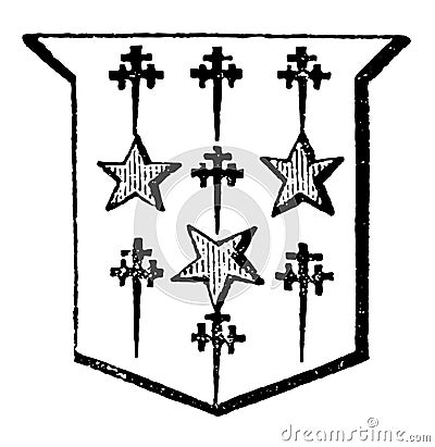 Mullets and Cross Crosslets are part of an escutcheon between the chief and the base, vintage engraving Vector Illustration