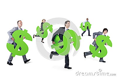 Mullti-ethnic group of business person holding Dollars sign Stock Photo