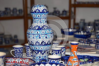 Multan , Pakistan February 21, 2021: exhibition of blue pottery crockery and ceramics in local small industry festival Editorial Stock Photo