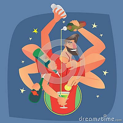 Multi-armed bartender deftly prepares cocktail Vector Illustration