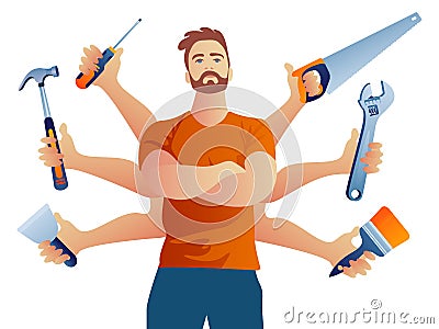 Multi armed Builder repairman with 6 different tools Vector Illustration