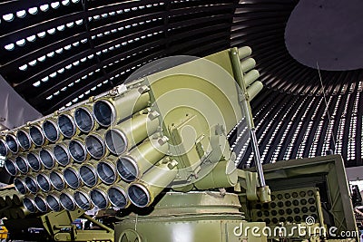 Multi-barrel rocket launcher (MRL) or multiple launch rocket system (MLRS) with32 launch tubes Editorial Stock Photo