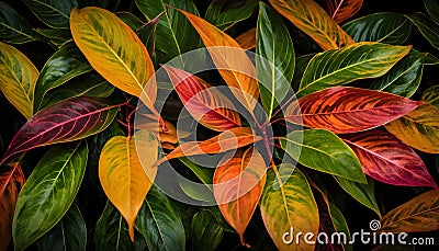 Multi color aglonema leaves in dark color background. Generative AI image Stock Photo