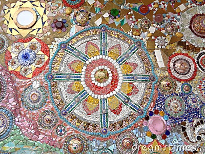 Multi Color Decorated Mosaic Wall of the Temple in Thailand Stock Photo