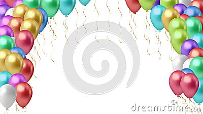 Multi-colored balloons horizontal background. An arch of glossy helium balls with space for text on a white background. Rasterized Vector Illustration