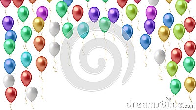 Multi-colored balloons horizontal background. An arch of glossy helium balls with space for text on a white background. Rasterized Vector Illustration