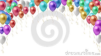 Multi-colored balloons horizontal background. An arch of glossy helium balls with space for text on a white background. Rasterized Vector Illustration
